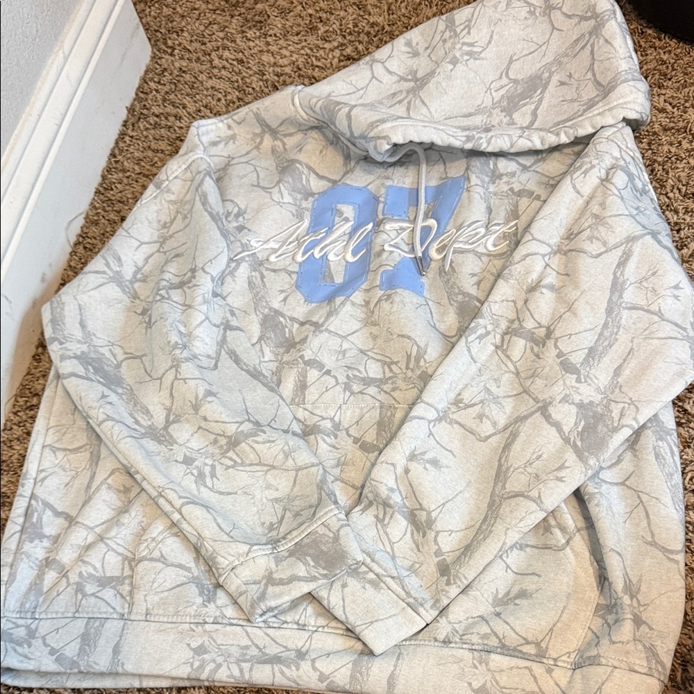 Gray Camouflage Hoodie with Blue Graphic